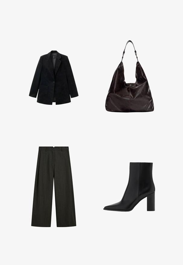 Czarny żakiet z korduroyu z zapięciem na jeden guzik, z klapami i dwoma przednimi kieszeniami. Posiada gładką podszewkę.; Ciemnoszara, krótkoskrzydła dzianinowa bluzka z okrągłym dekoltem, w luźnym fasonie i raglanowymi rękawami, wykonana z miękkiej, teksturowanej tkaniny.; Ciemnoszare spodnie z szerokimi nogawkami, z delikatnym prążkowanym wzorem, z przodu z zapięciem na guzik i zamek, oraz z bocznymi kieszeniami.; Czarny skórzany botek za kostkę z ostrywnym noskiem, kwadratowym obcasem, gładką fakturą oraz detalami szycia wzdłuż szwów. Wysokość obcasów wynosi około 3,5 cala.; Ciemnobrązowa skórzana torba na ramię o luźnym kształcie, szerokim otwarciu i jednym pasku na ramię. Charakteryzuje się delikatnymi przeszyciami.
