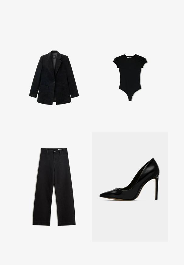 Czarny żakiet z korduroyu z zapięciem na jeden guzik, z klapami i dwoma przednimi kieszeniami. Posiada gładką podszewkę.; Czarny bodysuit z krótkim rękawem, o okrągłym dekolcie i wysokich wycięciach na nogawkach, wykonany z gładkiego, elastycznego materiału.; Czarne dżinsowe spodnie o szerokich nogawkach i wysokim stanie, z przednimi i tylnymi kieszeniami, przeszyciami oraz zapięciem na guziki. Gładka struktura.; Czarne lakierowane szpilki z wąskim noskiem i eleganckim designem, z 10-centymetrowym obcasem typu stiletto i gładkim, błyszczącym wykończeniem.