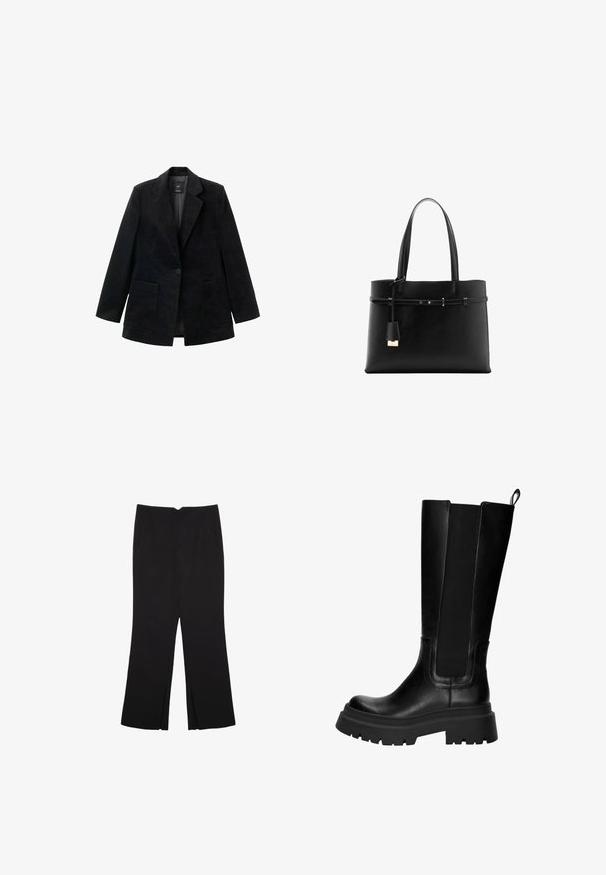 Crni kordura blejzer s jednim dugmetom, rebrastim reverima i dva prednja džepa. Ima glatku unutrašnju podstavu.; Smeđi jednodijelni kupaći kostim s visokim ovratnikom i tankim, prilagodljivim trakama; ima visoko izrezane nogavice i glatku teksturu. Bez uzoraka ili dekoracija.; Crne hlače ravnog kroja, s prednjim džepovima i bočnim prorezima na rubu. Izrađene od mekog i glatkog materijala. Pogodne za razne prigode.; Crne kožne čizme do koljena s elastičnim bočnim panelima, čvrstom gumenom potplatom i debelim potpeticom. Glatka tekstura s minimalnim detaljima šivanja.; Crna kožna torba s dvije ručke, tankim dekorativnim remenom i malim visećim bravom na bijeloj pozadini.