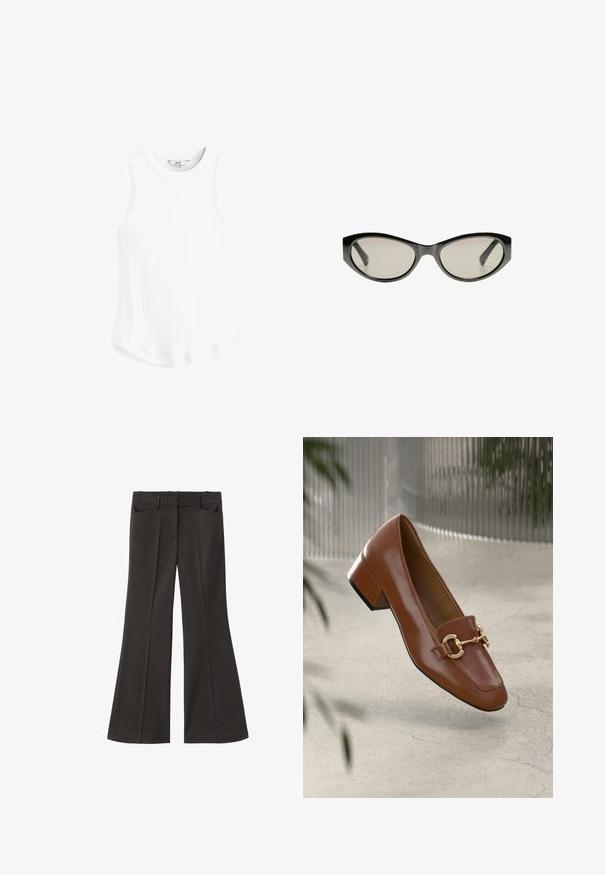 Blazer din catifea neagră cu închidere cu un singur buton, rever cu tăietură și două buzunare frontale. Are o căptușeală interioară netedă.; Next RACER STANDARD - Top - white rib; Pantaloni evazați negri, cu talie înaltă; au două buzunare frontale și o textură de stofă netedă. Potriviți pentru diverse ocazii.; Mocasini din piele patent cafenie, cu vârf pătrat, accent cu lanț metalic și toc mic; textură netedă, design minimalist.; Ochelari de soare negri cu lentile de culoare gri. Rama din plastic are margini ascuțite și o finisare netedă, lucioasă.