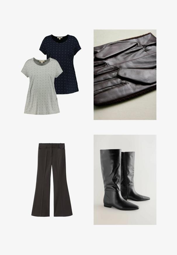 Sort fløjlsblazer med en enkelt knaplukning, hakkede revers og to forlommer. Har en glat inderside.; To korte ærmel skjorter, en grå og en marineblå, begge har små hvide prikkemønstre, lavet af blødt bomuldsstof med rund halsudskæring.; Sorte flagrende bukser med høj talje; har to forlommer og en glat stofstruktur. Egnet til forskellige anledninger.; Et par sorte knæhøje læderstøvler med spidse tæer og lynlåse i siden på en lys baggrund.; Brune læderhandsker med en glat tekstur, der har fem fingre, elastisk håndled og dekorativ syning langs kanten.