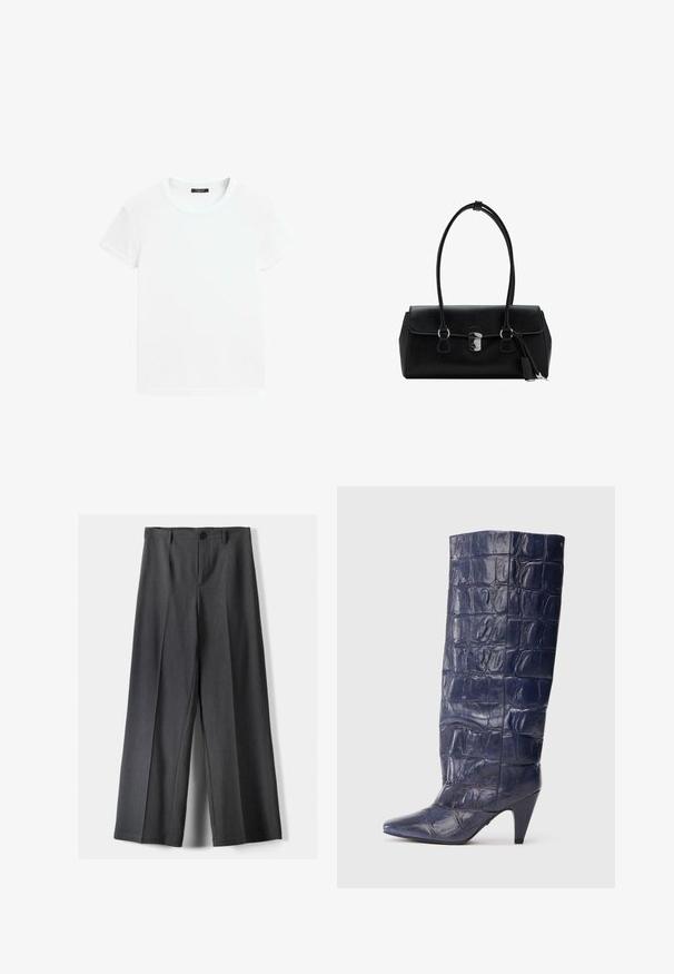 Schwarzes Cordblazer mit einem einzigen Knopfverschluss, Reverskragen und zwei vorderen Taschen. Verfügt über ein glattes Innenfutter.; Weißes Kurzarm-T-Shirt aus weicher Baumwolle, mit Rundhalsausschnitt und entspannter Passform sowie gerollten Säumen. Keine Muster oder Verzierungen.; Weite Beinhosen aus dunkelgrauem Stoff mit Knopfverschluss, vorderen Falten und Gürtelschlaufen. Glatte Textur mit maßgeschneidertem Design.; Marineblaue kniehohe Lederstiefel mit Krokodilstruktur, spitzem Zehenbereich und mittelhohem schrägem Absatz auf einfarbigem Hintergrund.; Schwarze Lederhandtasche mit glatter Textur, strukturiertem Design, doppelten Griffen und einem silbernen Verschlussdetail in der Mitte.