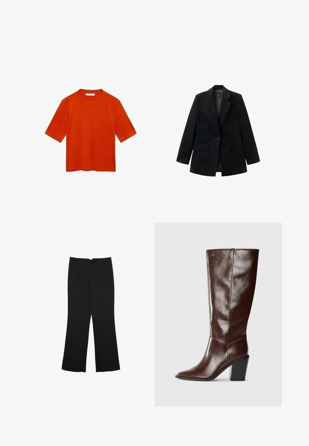 Črn korduroj sakou z enim gumbom, z odrezanimi reverji in dvema sprednjima žepoma. Ima gladko notranjo podlogo.; Kratka majica s kratkimi rokavi v oranžni barvi, izdelana iz mehkega blaga, z okroglim ovratnikom in sproščenim krojem, ravnim robom ter brez vidnih vzorcev.; Črne hlače ravnega kroja z naglavnimi žepi in stranskimi razporki na robu. Narejene iz mehke, gladke tkanine. Primerne za različne priložnosti.; Visok temno rjav usnjen čevelj s koničastim nosom in zloženim blokastim petkom, prikazan s strani na enostavni podlagi.