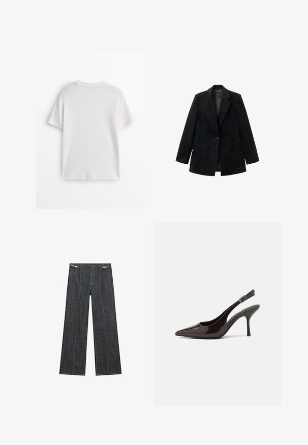 Czarny żakiet z korduroyu z zapięciem na jeden guzik, z klapami i dwoma przednimi kieszeniami. Posiada gładką podszewkę.; Biała bawełniana koszulka z krótkim rękawem, okrągłym dekoltem i gładką fakturą. Tył jest gładki, bez dodatkowych wzorów czy zdobień.; Ciemnoniebieskie dżinsowe spodnie o szerokich nogawkach i wysokim stanie. Posiadają widoczne szwy, zapięcie na guzik i unikalny łańcuszek jako akcent w talii.; Sandały na obcasie typu slingback z błyszczącej ciemno-brązowej lakierowanej skóry, w szpic, z otwartymi bokami i regulowanym paskiem wokół kostki.