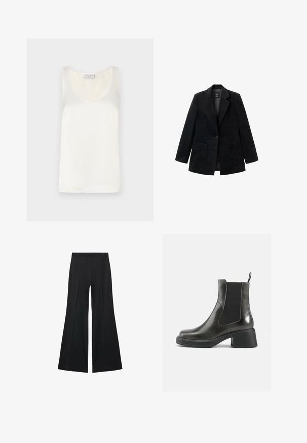 Čierny kordový blazer s jedným gombíkom, klopovými chlopňami a dvoma prednými vreckami. Má hladkú vnútornú podšívku.; Biele saténové bezrukávové tielko s kruhovým výstrihom a hladkým povrchom, s jemným leskom a čistými okrajmi.; Čierne široké nohavice s hladkou textúrou, s prednými záhybmi a elegantným strihom. Materiál je ľahký a pruhlý.; Čierne kožené členkové čižmy s hladkým povrchom, elastickými bočnými panelmi a masívnym opätkom. Obsahujú úchyt na jednoduchšie obúvanie.