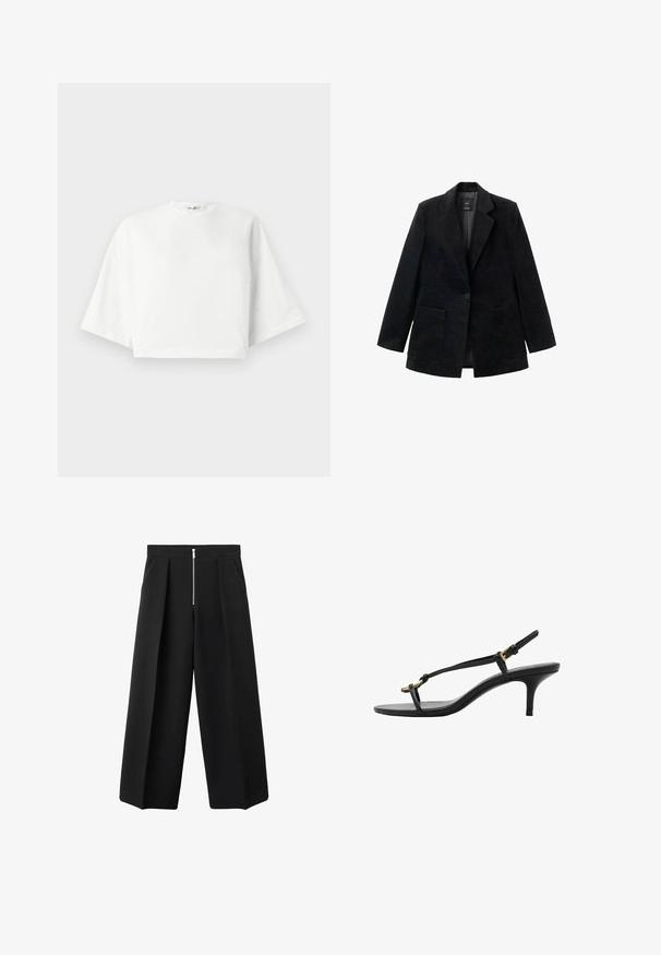 Sort fløjlsblazer med en enkelt knaplukning, hakkede revers og to forlommer. Har en glat inderside.; Hvid cropped t-shirt med afslappet pasform, korte brede ærmer, rund halsudskæring og sideslidser, lavet af blødt bomuldsstof.; Sorte brede bukser med frontfolder og en synlig sølvfarvet lynlås lukning i taljen, flad front og sidelommer.; Sort læder kitten hæl sandal med tynde stropper, guldspænde og minimalistisk tå løkke på en hvid baggrund.