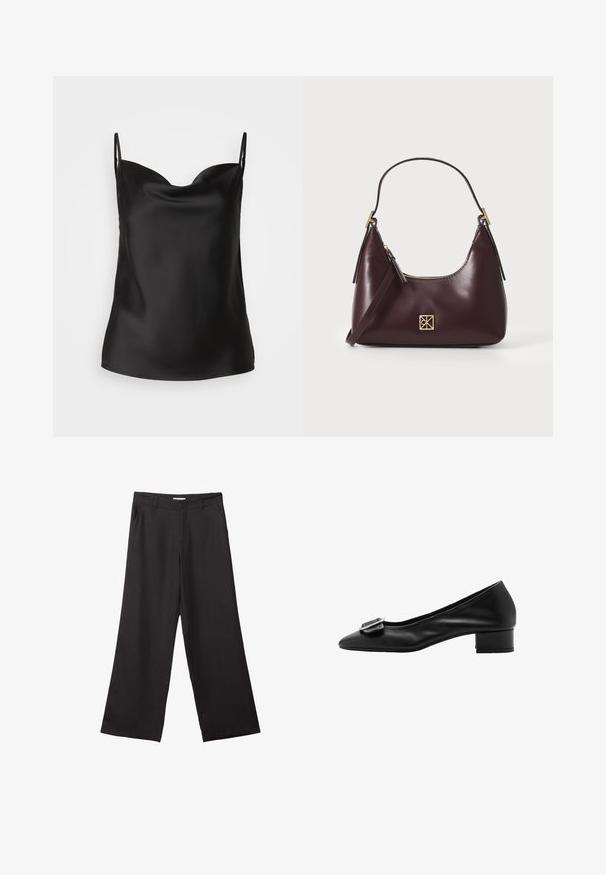 Sort fløjlsblazer med en enkelt knaplukning, hakkede revers og to forlommer. Har en glat inderside.; Sort satin camisole med en dyb udskæring, tynde stropper og en glat, skinnende tekstur. Enkel, klassisk design uden udsmykninger.; Sorte bukser med vidde, lavet af glat stof, med en frontlynlås og to sidelommer, i en skræddersyet pasform og minimalistisk design.; Sorte læderpumpe med spids tå, lille blokhæl og dekorativ spænde detalje på forfoden. Glat tekstur og enkelt design.; Bordeaux læder håndtaske med en buet form, guld accenter på metaldele og en lynlås lukning. Har en aftagelig skulderrem.