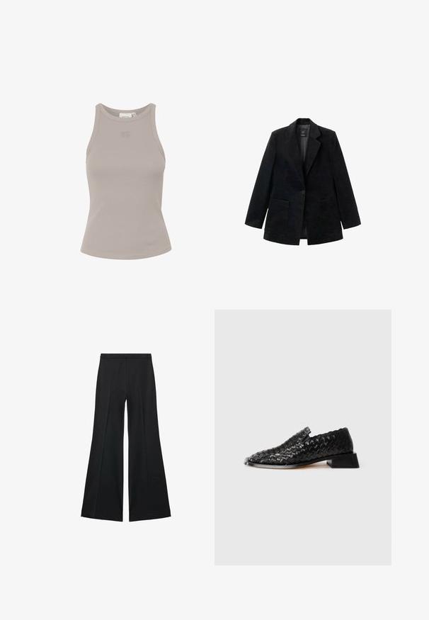 Zwarte corduroy blazer met een enkele knoopsluiting, notch-revers en twee voorkezen. Voorzien van een zachte binnenvoering.; Geribbelde, mouwloze top in lichtgrijs met een ronde halslijn en subtiele merkvermelding aan de voorkant. Gemaakt van een zacht, rekbaar materiaal.; Zwarte wijde-pijpen broek met een gladde textuur, gekenmerkt door voorplooien en een op maat gemaakte uitstraling. De stof is lichtgewicht en vloeiend.; Zwarte leren geweven instapschoen met lage blokhak en geschulpte randafwerking, weergegeven op een witte achtergrond.