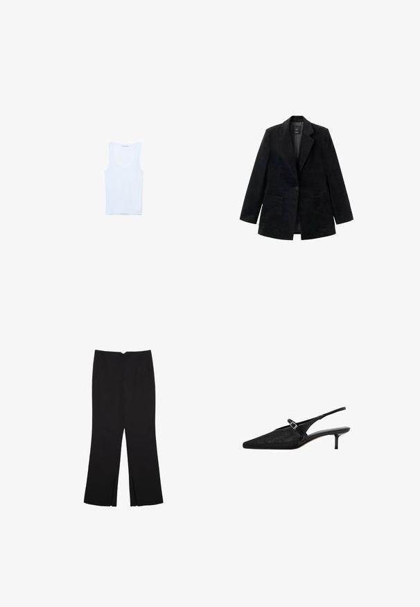 Črn korduroj sakou z enim gumbom, z odrezanimi reverji in dvema sprednjima žepoma. Ima gladko notranjo podlogo.; Bela bomba iz bombaža, ki ima okrogel izrez in široke naramnice. Gladka tekstura, brezrokavni dizajn in prilegajoča silhueta.; Črne hlače ravnega kroja z naglavnimi žepi in stranskimi razporki na robu. Narejene iz mehke, gladke tkanine. Primerne za različne priložnosti.; Črne slingback pete s koničastimi prsti, teksturirano mrežasto zgornje delo, ožji nastavljiv trak z vgraviranim sponko in 5 cm stiletto pete.