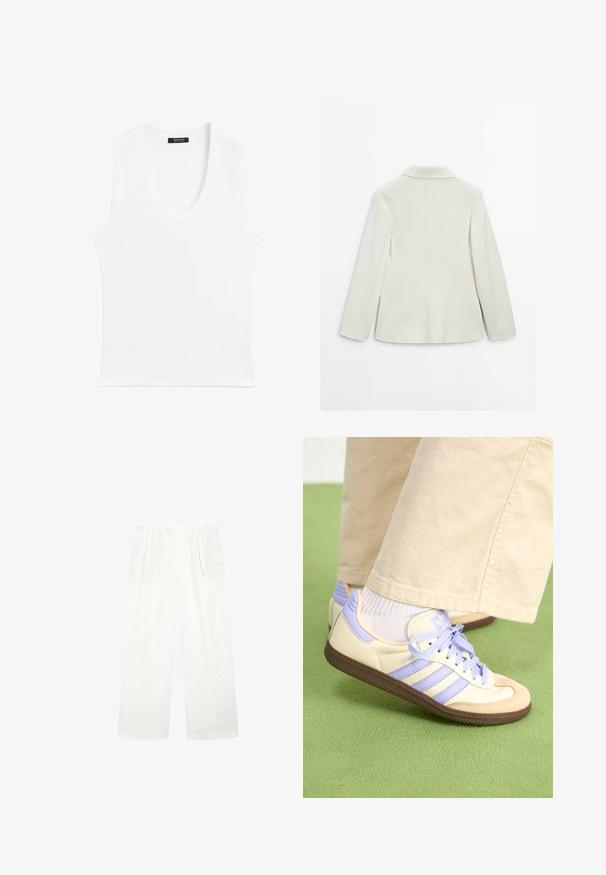 Blazer bianco a maniche lunghe con colletto, mostrato di spalle su uno sfondo bianco semplice.; Canotta bianca senza maniche con scollatura rotonda, realizzata in materiale a coste; design semplice senza motivi o decorazioni.; Pantaloni bianchi a gamba larga realizzati in un tessuto leggero, con una parte anteriore piatta, pieghe e una cintura, che offrono una vestibilità ampia e ariosa.; Sneakers crema e lavanda con tre strisce e suola marrone texturizzata, dotati di lacci e tallone imbottito. Parte superiore in tessuto morbido.