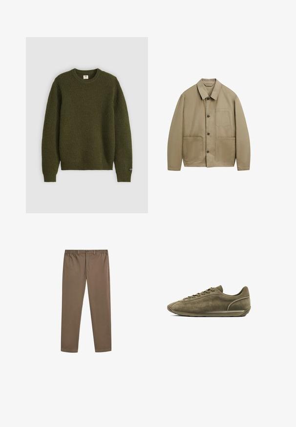 Beige lätt jacka med krage, framslutning med knappar och två stora framfickor. Tillverkad av ett mjukt, hållbart tyg.; Olivgrön stickad tröja med rund halsringning, strukturerat ribbmönster, långa ärmar och en liten logotags på vänster ärm.; Bruna bomullschinos med rak bendesign, elastisk midja och framfickor. Slät yta och minimala sömnadsdetaljer.; Olivgrön mockaskor med låg profil, rund tå, snörning framtill och minimal design. Har ett texturerat ovansida och gummisula.
