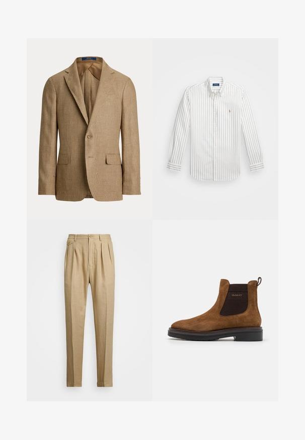 Barna kockás blézer, amely ápolt sziluettel, kivágott hajtókával, két elülső zsebbel és egygombos záródással rendelkezik. Sima bélés.; Fehér gombos ing világoskék függőleges csíkokkal, hosszú ujjak, gombos gallér, és egy kis hímzett logó a bal mellrészen.; Beige vászon nadrág egyenes szabással, két első redővel, gombos záródással és oldalzsebekkel. Tömör textúrájú anyag sima felülettel.; Barna velúr bokacsizma kerek orral és rugalmas oldalsó panelekkel. Fekete texturált részlet jellemzi, valamint hátsó húzóhurok. Fekete talp.