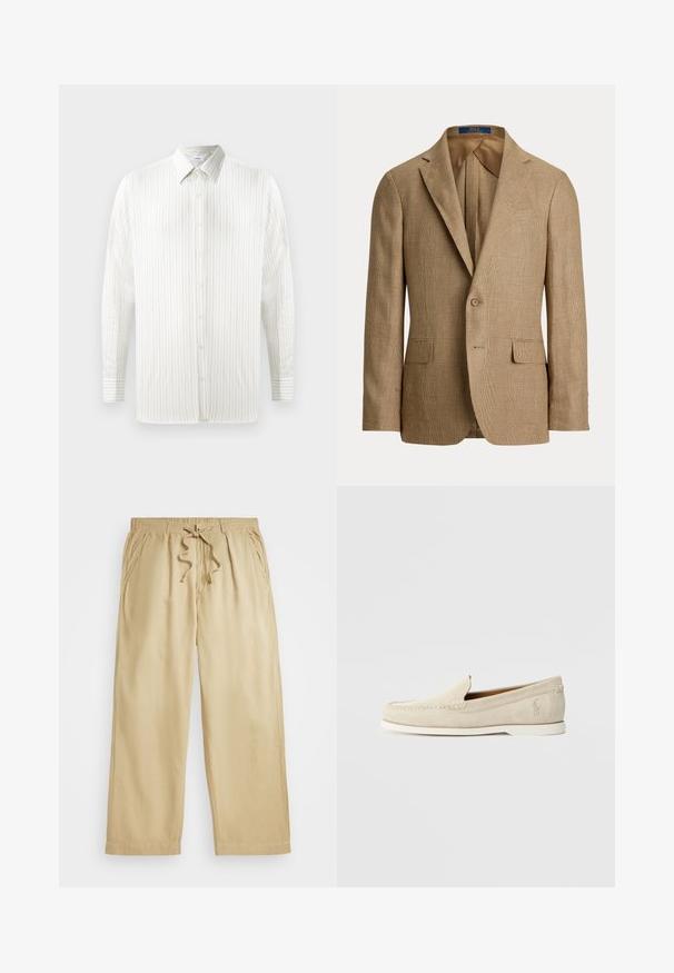 Brązowa marynarka w kratę z dopasowanym krojem, klapami z wycięciem, dwiema przednimi kieszeniami oraz zapięciem na jeden guzik. Gładka podszewka.; Biała koszula z długim rękawem w cienkie pionowe paski, z zapięciem na guziki, z kołnierzykiem w szpic i detalami przy mankietach. Wykonana z lekkiej tkaniny.; Beżowe spodnie dresowe ze sznurkiem w pasie, szerokie nogawki, dwie boczne kieszenie i przeszycia na dole. Miękki, lekki materiał.; Polo Ralph Lauren MERTON beżowy