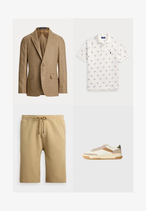 Barna kockás blézer, amely ápolt sziluettel, kivágott hajtókával, két elülső zsebbel és egygombos záródással rendelkezik. Sima bélés.; Fehér póló, pamutból készült, ismétlődő kék kutyás mintával és egy kis kék logóval a mellkason. Rövid ujjak és gallér.; Beige pamut keverék rövidnadrág húzózsinórral ellátott derékkal, karcsú fazon, oldalsó zsebekkel és varrott szegéllyel. Sima tapintás, hétköznapi stílus.; Beige, krémszínű és olívazöld sportcipők, velúr és bőr anyagból, kerek orral, minimalista dizájnnal és gumitalppal.