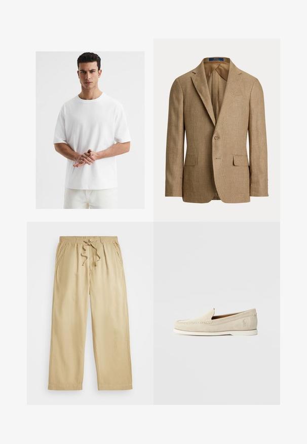 Rudas dėmėtas švarkas, pasižymintis prigludusia siluetu, įpjovomis apykaklėmis, dviem priekinėms kišenėms ir vieno mygtuko uždarymu. Lygus vidinis pamušalas.; Balta medvilnės marškinėliai su apvaliu kaklu, trumpomis rankovėmis, laisvu siluetu ir lygiu paviršiumi. Nėra matomų raštų ar akcentų.; Bežinės raištelio kelnės su elastinga juosmena, plačiais kojomis, dviem šoniniais kišenėmis ir siuvinėjimu kraštuose. Minkšta, lengva medžiaga.; Polo Ralph Lauren MERTON VENETIAN LOAFER - Mokasinai - milkshake