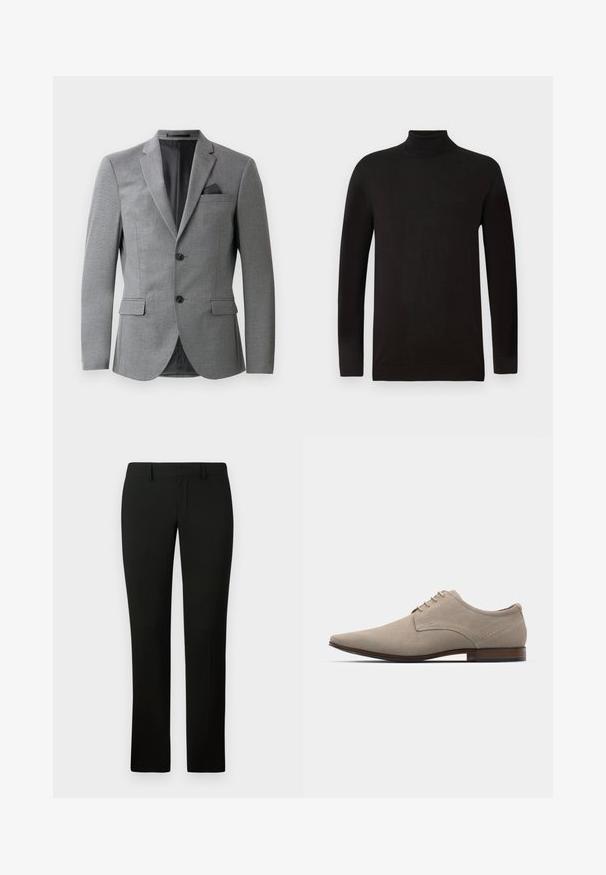 Hallide bleiser, mis on valmistatud tekstureeritud kangast, ühe nööbiga disainiga, kahe esipocketiga ja sirge nurgakraeliga. Lisatud on taskurätt.; Must turtleneck-sviiter pehmest kudumist. Omab pikki varrukaid ja liibuvat disaini, millel on soonikoes krae ja äär. Minimalistlik brändimine.; Mustad püksid kohandatud lõikega, sileda tekstuuri ja sirge säärega disainiga. Vöökoht on varustatud vöörihmadega ja puhta viimistlusega.; Bežid nööpidega kingad, mis on valmistatud pehmest seemisnahast, terava ninaga, minimaalse õmblusega ja puidust kontsaga. Sile tekstuur ja lihtne disain.