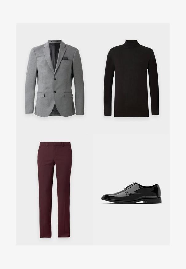 Blazer gris présentant un tissu texturé, un design à un seul bouton, deux poches avant et un col cranté élégant. Comprend un mouchoir de poche.; Pull à col roulé noir en tissu tricoté doux. Présente des manches longues et une coupe cintrée avec un col et un ourlet côtelés. Branding minimal.; Pantalons taillés bourgogne avec une coupe structurée. Comprend un devant plat, des passants de ceinture et aucune poche visible, fabriqués en tissu lisse.; Chaussure de dress en cuir verni noir avec un bout arrondi, un design à lacets et une surface lisse et brillante. Dispose d'une semelle en caoutchouc discrète.
