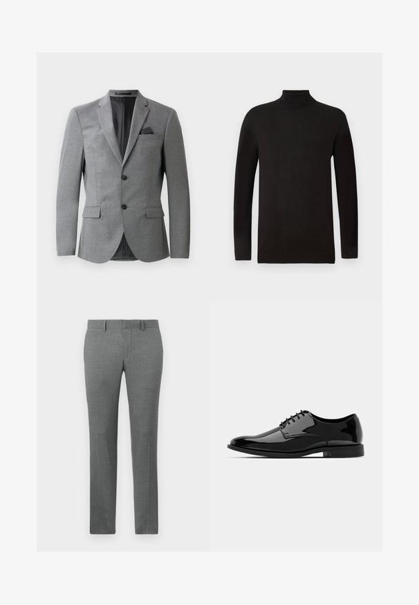 Grauer Blazer aus strukturiertem Stoff, mit knopflosem Design, zwei frontalen Taschen und einem eleganten Reverskragen. Inklusive Einstecktuch.; Schwarzer Rollkragenpullover aus weichem Strickmaterial. Mit langen Ärmeln und einer taillierten Passform, einem gerippten Kragen und Saum. Minimale Branding.; Grau maßgeschneiderte Hose mit glatter Textur, geradem Schnitt, Gürtelschlaufen und einem dezenten Fischgrätenmuster.; Schwarze Lackleder-Schuh mit abgerundetem Zeh, Schnürdesign und glatter, glänzender Oberfläche. Verfügt über eine flache Gummisohle.