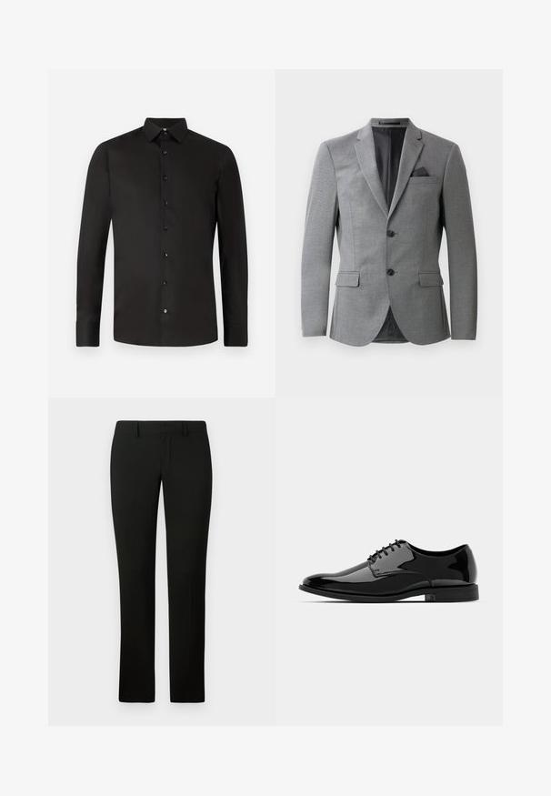 Blazer gris présentant un tissu texturé, un design à un seul bouton, deux poches avant et un col cranté élégant. Comprend un mouchoir de poche.; Chemise noire à manches longues en tissu lisse ; dotée d'un col étalé, de boutons sur le devant et d'une coupe ajustée. Simple, couleur unie sans motifs.; Pantalon noir avec une coupe ajustée, présentant une texture lisse et un design à jambe droite. La taille est dotée de passants de ceinture et d'une finition soignée.; Chaussure de dress en cuir verni noir avec un bout arrondi, un design à lacets et une surface lisse et brillante. Dispose d'une semelle en caoutchouc discrète.