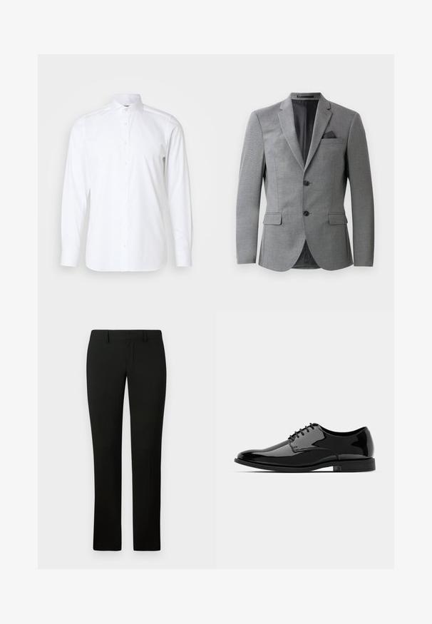 Grauer Blazer aus strukturiertem Stoff, mit knopflosem Design, zwei frontalen Taschen und einem eleganten Reverskragen. Inklusive Einstecktuch.; Weißes Langarmhemd aus glattem Stoff, mit klassischem Kragen, Knopfleiste und tailliertem Schnitt. Keine Muster oder Akzente.; Schwarze Hosen mit taillierter Passform, die eine glatte Textur und einen geraden Beinanschnitt aufweisen. Der Bund hat Gürtelschlaufen und eine saubere Verarbeitung.; Schwarze Lackleder-Schuh mit abgerundetem Zeh, Schnürdesign und glatter, glänzender Oberfläche. Verfügt über eine flache Gummisohle.