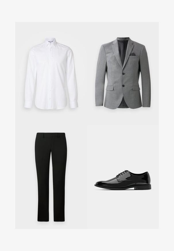 Blazer grigio con tessuto texturizzato, design monopetto, due tasche frontali e colletto a punta elegante. Include un fazzoletto da taschino.; Camicia bianca a maniche lunghe in cotone, con colletto button-down, bottoni frontali e un orlo leggermente arrotondato. Tessuto liscio e uniforme.; Pantaloni neri con una vestibilità sartoriale, caratterizzati da una superficie liscia e un design a gamba dritta. La vita ha passanti per la cintura e una finitura pulita.; Scarpa da uomo in vernice nera con punta tonda, design con lacci e superficie liscia e lucida. Presenta una suola in gomma a profilo basso.