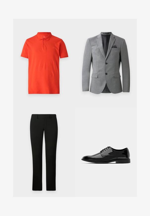 Hallide bleiser, mis on valmistatud tekstureeritud kangast, ühe nööbiga disainiga, kahe esipocketiga ja sirge nurgakraeliga. Lisatud on taskurätt.; Sile punane polo särk, mis on valmistatud siledast puuvillast, klassikalise kraega, lühikeste varrukatega ja kaelal on kolm nuppu. Rinnal on lihtne broderi logo.; Mustad püksid kohandatud lõikega, sileda tekstuuri ja sirge säärega disainiga. Vöökoht on varustatud vöörihmadega ja puhta viimistlusega.; Mustan läikiva nahast kleitking, millel on ümar varvas, nööridega disain ja sile, läikiv pind. Omab madalat kummitalda.