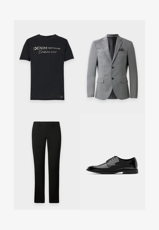Grå blazer med strukturert stoff, enkeltradsdesign, to frontlommer og en stilren, notched krage. Inkluderer en lommetørkle.; Sorte bomulls t-skjorte med teksten "DENIM TOM TAILOR Etablert 2007" i hvite og grå bokstaver, rund hals og korte ermer.; Svarte bukser med tilpasset passform, med en jevn tekstur og rette ben. Livremmen har beltestropper og en ren finish.; Svart lakkskinn dressko med rund tå, snøring og glatt, blank overflate. Den har en lav, gummisåle.