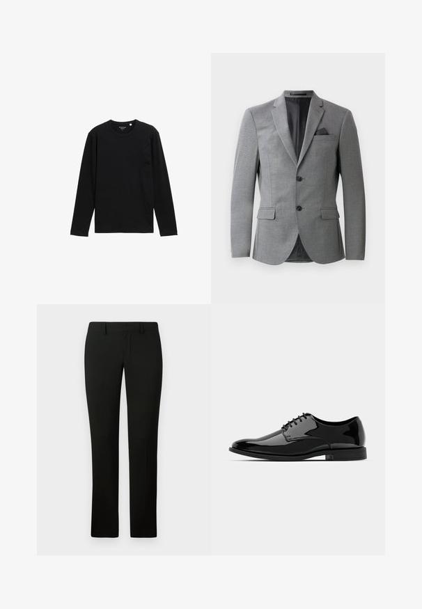 Šedý blazer s texturovanou tkaninou, jednořadým designem, dvěma předními kapsami a elegantním klopovým límcem. Součástí je kapesníček.; Černé dlouhé tričko s dlouhým rukávem vyrobené z žebrované tkaniny, s kulatým výstřihem a uvolněným střihem, bez dalších vzorů či ozdob.; Černé kalhoty s přiléhavým střihem, vyrobené z hladké látky a s rovnými nohavicemi. Pas má poutka na opasek a čistý vzhled.; Černé lakované kožené dress boty s kulatou špičkou, šněrovacím designem a hladkým, lesklým povrchem. Disponují nízkoprofilovou gumovou podrážkou.