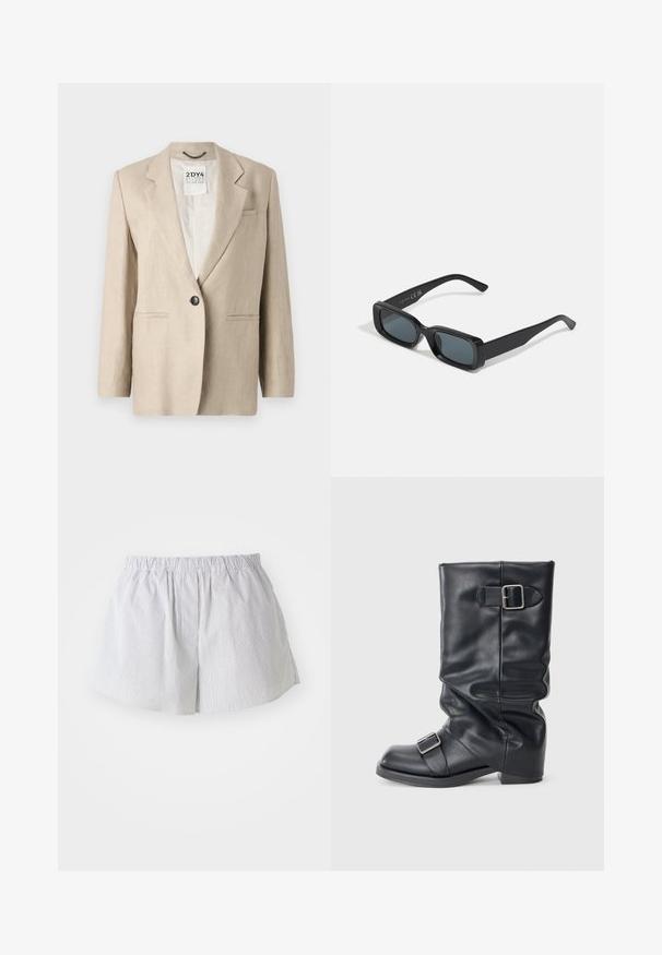 Beżowa lniana marynarka z jednym czarnym guzikiem, wyciętymi klapami, dwiema przednimi kieszeniami i luźnym krojem. Bez podszewki.; Dwie czarne bawełniane koszulki z okrągłym dekoltem, krótkim rękawem i gładką fakturą. Każda koszulka jest identyczna, z metką marki umieszczoną na dekolcie.; Paski krótkie spodenki w jasnoniebieskim i białym kolorze z bawełny, z elastycznym pasem i luźnym krojem oraz otworami bocznymi dla łatwości ruchów.; Czarny skórzany bucik z zagiętym cholewką, ozdobiony dwoma srebrnymi klamrami. Okrągły czubek i niski, płaski design podeszwy. Gładka tekstura, minimalne detale.; Czarne prostokątne okulary przeciwsłoneczne z ciemnymi soczewkami. Błyszcząca oprawka, proste ramiona z lekkim zakrzywieniem. Minimalistyczny design, bez ozdób.; Czarna skórzana torba hobo z pojedynczym paskiem na ramię, gładka faktura, zwężający się górny kształt i minimalistyczny design bez widocznych elementów metalowych.; Pilgrim UNISEX srebrny