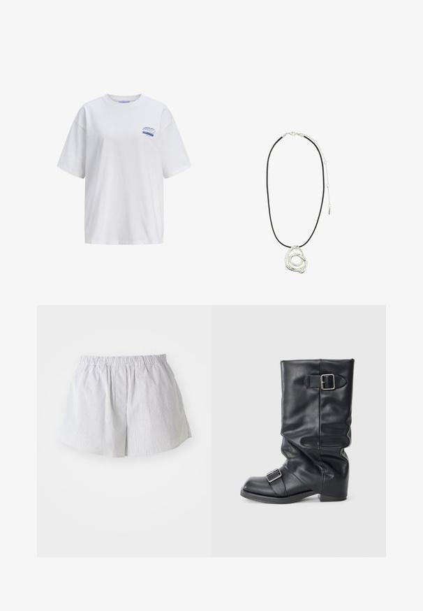 Beige liinapuku, millel on üks must nupp, sakilised kraed, kaks eesmist taskut ja vaba lõige. Vooderdatud sisemus.; Valkoinen puuvillapaita rentoa istuvuutta, lyhyt hihaisena. Pieni sininen "SOURDOUGH" logo vasemmassa yläkulmassa.; Raidalliset lyhyet housut vaaleansinisestä ja valkoisesta puuvillasta, joissa on joustava vyötärö ja rento istuvuus, sekä sivuaukot liikkumisen helpottamiseksi.; Mustat nahkasaappaat, joissa on taitettu varsi ja kaksi hopeista solkea. Pyöreä kärki ja matala, litteä pohja. Sileä pinta, vähäiset yksityiskohdat.; Pilgrim UNFOLD - Kaulakoru - silver-coloured