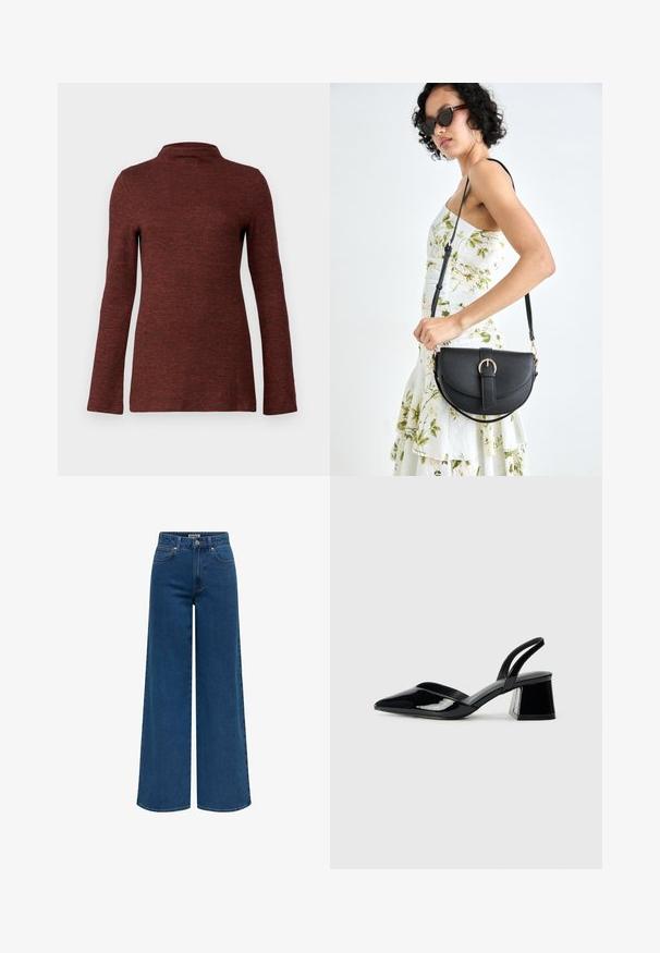 Melns un pelēks pārbaudīts bleizers ar dubultā pogu dizainu, jostu viduklī, izgrieztām atlokiem un divām priekšējām kabatām. Tekstūrēta auduma apdare.; Ilgi piedurkņu turtleneck topi ar tekstūras efektu rūsas krāsā, ar pieguļošu siluetu un gludu, mīkstu audumu.; Izteiksmīgas platākas kājas džinsi tumši zilos denimos ar augstu jostasvietu, divām priekšējām kabatām un pogu ar rāvējslēdzēju. Tīrs apakšmalas apdare.; Melna lakota āda ar atvērto papēdi, ar smailu purngalu un ģeometrisku blokpapēdi. Iezīmējas elegants, minimāls dizains un gluda tekstūra.; Melnas ādas rokassoma ar izliekta formu, noņemamu siksnu un zelta aksesuāriem. Somai ir vāciņš ar sprādzes detaļu.