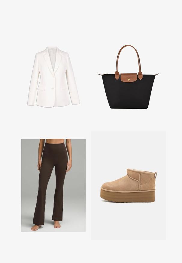 Weiße maßgeschneiderte Blazerjacke mit Reverskragen, einreihiger Knopfverschluss, zwei Fronttaschen und taillierter Passform. Glatte Textur.; Cremfarbener Rollkragenpullover mit langen Ärmeln aus weichem Stoff, ausgestattet mit einem enganliegenden Kragen und einem schlichten Design, langen Ärmeln und geradem Saum.; lululemon GROOVE SHR FLARED REGULAR - Stoffhose - espresso; Beige Wildleder-Ankle Boots mit einem weichen Innenfutter, ausgestattet mit einer Plateausohle und einer Zuglasche hinten für einen einfachen Einstieg. Strukturiertes Gummiprofil.; Schwarze Nylon-Tote-Tasche mit braunen Lederakzenten und -griffen. Verfügt über einen Druckverschluss und eine Fronttasche mit einem Logo-Detail.
