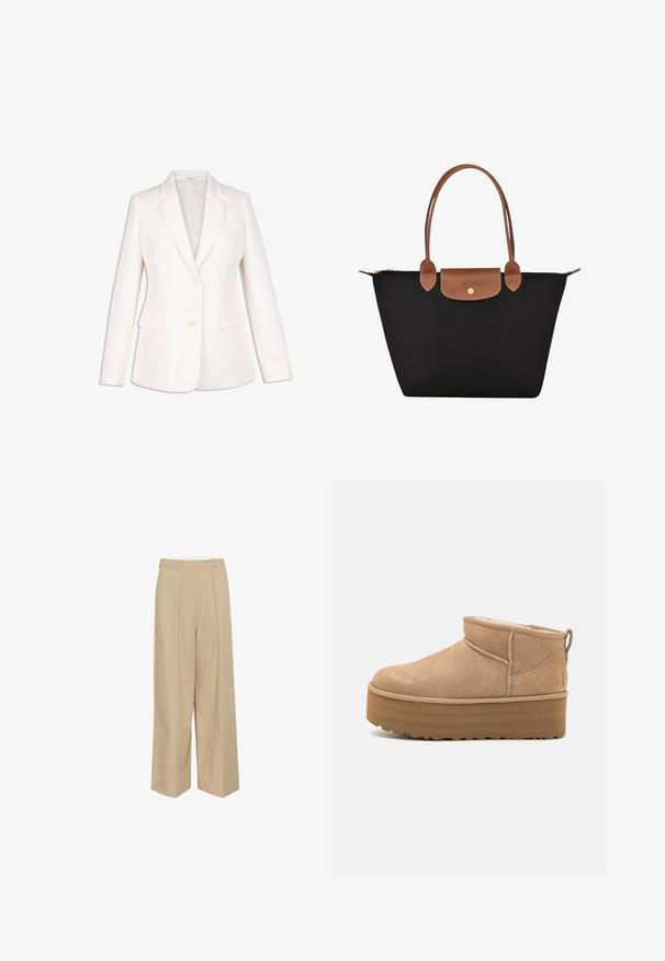 Weiße maßgeschneiderte Blazerjacke mit Reverskragen, einreihiger Knopfverschluss, zwei Fronttaschen und taillierter Passform. Glatte Textur.; Cremfarbener Rollkragenpullover mit langen Ärmeln aus weichem Stoff, ausgestattet mit einem enganliegenden Kragen und einem schlichten Design, langen Ärmeln und geradem Saum.; Beige weit geschnittene Hosen mit vorderen Falten, einem Gürtel mit Schlaufen und einer glatten, leichten Stofftextur.; Beige Wildleder-Ankle Boots mit einem weichen Innenfutter, ausgestattet mit einer Plateausohle und einer Zuglasche hinten für einen einfachen Einstieg. Strukturiertes Gummiprofil.; Schwarze Nylon-Tote-Tasche mit braunen Lederakzenten und -griffen. Verfügt über einen Druckverschluss und eine Fronttasche mit einem Logo-Detail.