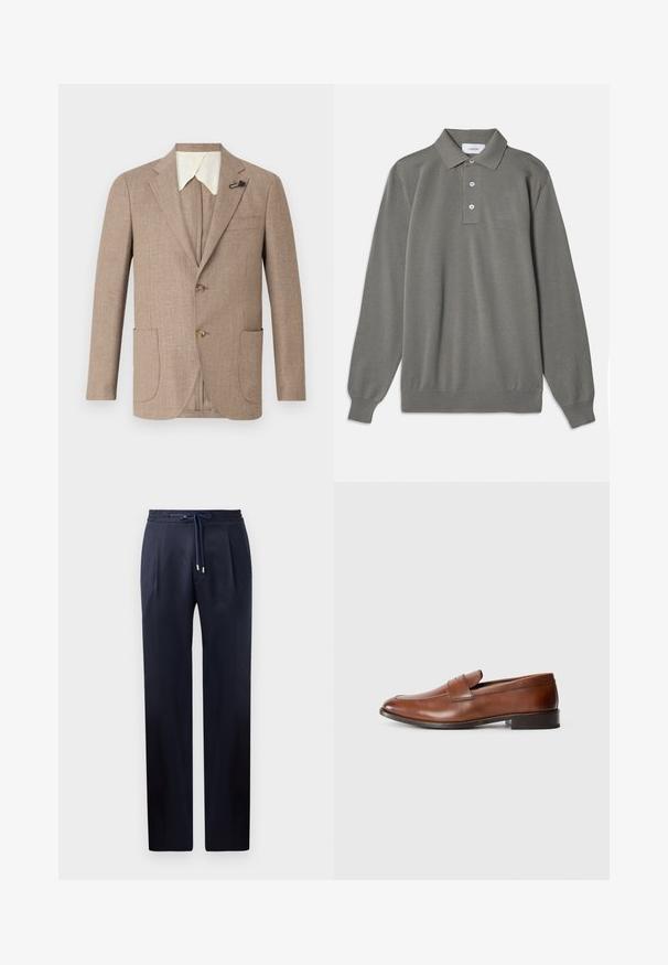 Ljusbrun jacka med texturerad tyg, vykantade slag, dubbelknäppt front och två framfickor med lock. Har en kontrasterande vit krage.; Grå långärmad pikétröja i texturerad tyg, med klassisk krage, treknäppning och ribbade ärmslut.; Marinblå byxor med avslappnad passform, elastisk midja och snörning. Har två framfickor och raka ben utan fickor.; Bruna läderloafers med rund tå, minimal sömnad och låg blockklack. Har ett dekorativt rem över vampen.