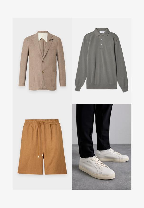 Light brown jacket with textured fabric, notched lapels, double-button front, and two front patch pockets. Features a contrasting white collar.; Gray long-sleeve polo shirt in textured fabric, featuring a classic collar, three-button placket, and ribbed cuffs.; Brown linen shorts with an elastic waistband, drawstring closure, and a relaxed fit. Features a smooth texture and stitched hems.; Light beige leather sneakers with flat laces, a textured surface, and a contrasting cream-colored rubber sole, paired with black tapered pants.
