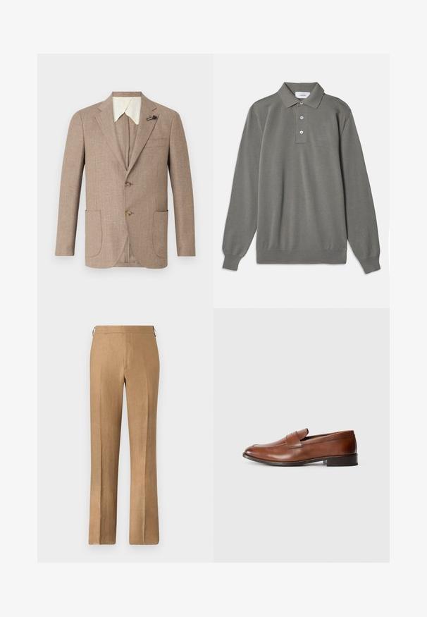 Lichtbruine jas van gestructureerde stof, met notch-revers, dubbele knopen aan de voorkant en twee voorzakken. Voorzien van een contrasterende witte kraag.; Grijze langwerpige polo met lange mouwen in gestructureerde stof, met een klassieke kraag, een drie-knops knoopsluiting en geribbelde manchetten.; Bruine linnen broeken met een recht afgewerkte pijp, met een gladde textuur, verborgen tailleband en zonder zichtbare zakken.; Bruid leren instappers met een ronde neus, minimale stiksels en een lage blokhak. Kenmerkt zich door een decoratieve band over de wreef.