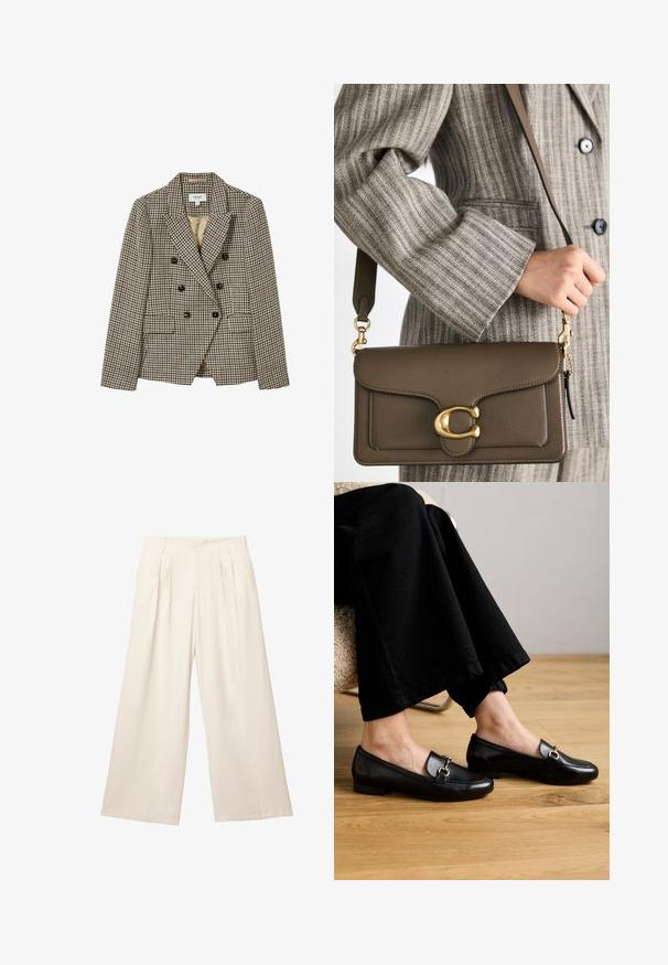 Béžový a hnedý houndstooth vzorovaný dvojradový sako s špicatými klopami, dvoma prednými vreckami a čiernymi gombíkmi. Podšívka vo vnútri.; Hnedý pletený sveter s výstrihom do V, dlhými rukávmi, mierne skráteným strihom a rebrovaným lemom. Mäkká textúra s hladkým povrchom.; Bledé béžové nohavice s širokými nohavicami vyrobené z mäkkej textúrovanej látky. Majú predné záhyby a elastický pás pre uvoľnený strih.; Čierne kožené mokasíny so štvorcovou špičkou a malým podpätkom, ktoré majú zlatú dekoratívnu kovovú ozdobu na hornej strane.; COACH TABBY SHOULDER BAG 26 - Kabelka - dark stone