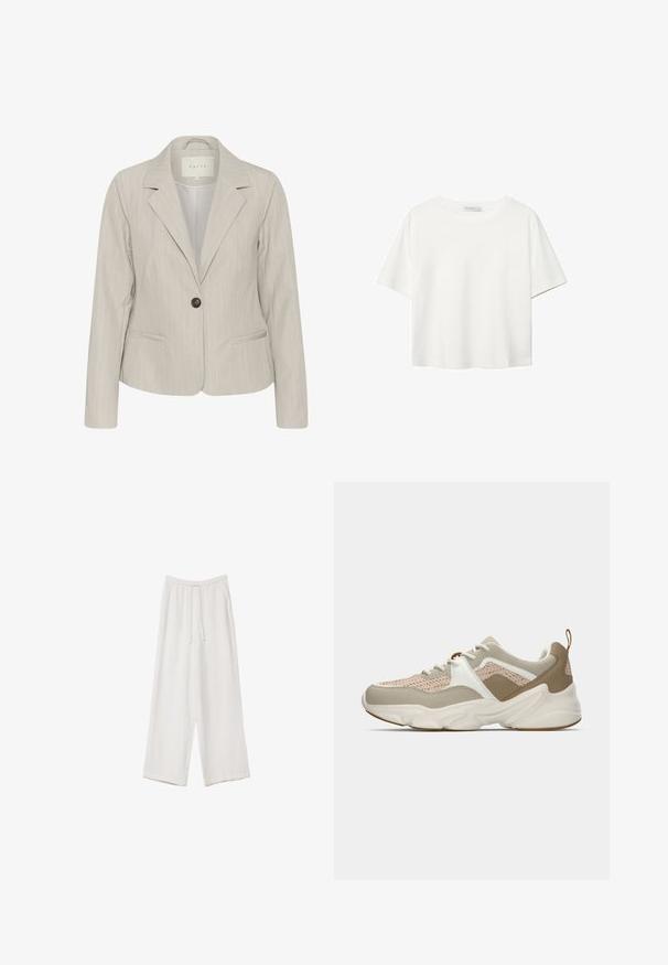Jasnoszary blazer w pionowe paski, z pojedynczym zapięciem na guzik, klapami notched oraz bocznymi kieszeniami. Wykonany z gładkiego materiału z dopasowanym krojem.; Biała koszulka z krótkim rękawem, wykonana z bawełny. Posiada okrągły dekolt i luźny krój. Gładka faktura bez widocznych wzorów czy akcentów.; Białe spodnie o szerokich nogawkach wykonane z lekkiego materiału. Posiadają elastyczny pas z sznurkiem i boczne kieszenie. Gładka tekstura.; Lekkie sneakersy z beżową siateczką, białymi akcentami i teksturowanymi brązowymi detalami. Masywna gumowa podeszwa z unikalnym wzorem falistym.