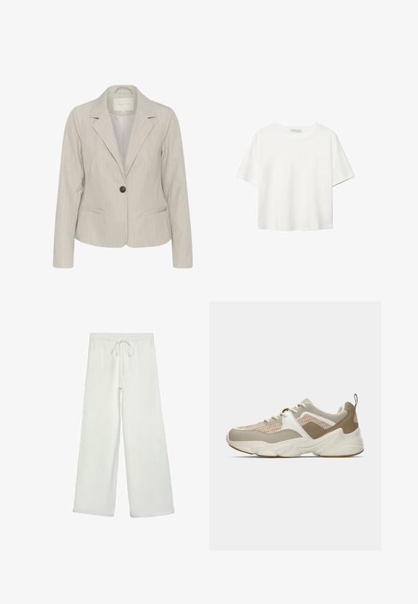 Blazer grigio chiaro con righe verticali, chiusura a un bottone, rever a punte e tasche laterali. Realizzato in tessuto liscio con vestibilità sartoriale.; T-shirt bianco a maniche corte realizzato in cotone. Presenta un collo tondo e una vestibilità rilassata. Texture liscia senza motivi o dettagli visibili.; Pantaloni bianchi a gamba larga realizzati in un tessuto morbido. Presentano un elastico in vita con cordino e una consistenza liscia. Senza motivi visibili o accessori.; Sneakers leggeri con tomaia in rete beige, accenti bianchi e dettagli in tinta unita testa di moro. Suola in gomma spessa con un motivo a onde unico.