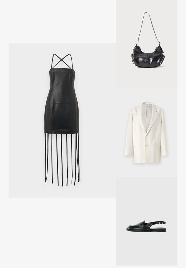 Krémový blazer s klopami, zapínáním na dva knoflíky a bočními kapsami. Hladká textura a strukturovaný design. Žádné vzory ani ozdoby.; Černé kožené šaty s tenkými křížovými ramínky, přiléhavým korzetem a třásněmi visícími z lemu. Hladká textura a minimalistický design.; Černá kožená slingback obuv s kulatou špičkou, plochou podrážkou, bočním výřezem a páskem s kovovým detailem ve zlaté barvě.; Černá kožená taška ve tvaru půlměsíce s stříbrnými zipy po obou stranách a jedním popruhem.