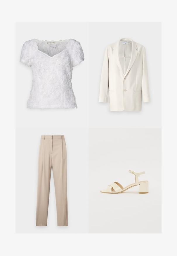 Crème-kleurige blazer met een gelapte revers, sluiting met twee knopen en zijzakken. Gladde textuur en gestructureerd ontwerp. Geen patronen of versieringen.; Witte blouse met korte mouwen en een gemêleerd rozenpatroon, V-halslijn en zachte stof. Het label vermeldt "DA SJÖSTEDT".; Beige op maat gemaakte broek met een rechte pijp, voorzien van plooien aan de voorkant en riemlussen, gemaakt van een gladde stof.; Beige gepolijst lederen sandalen met hakken, voorzien van een kruisbandontwerp, open teen, verstelbare enkelband en een blokhak. Gladde textuur.