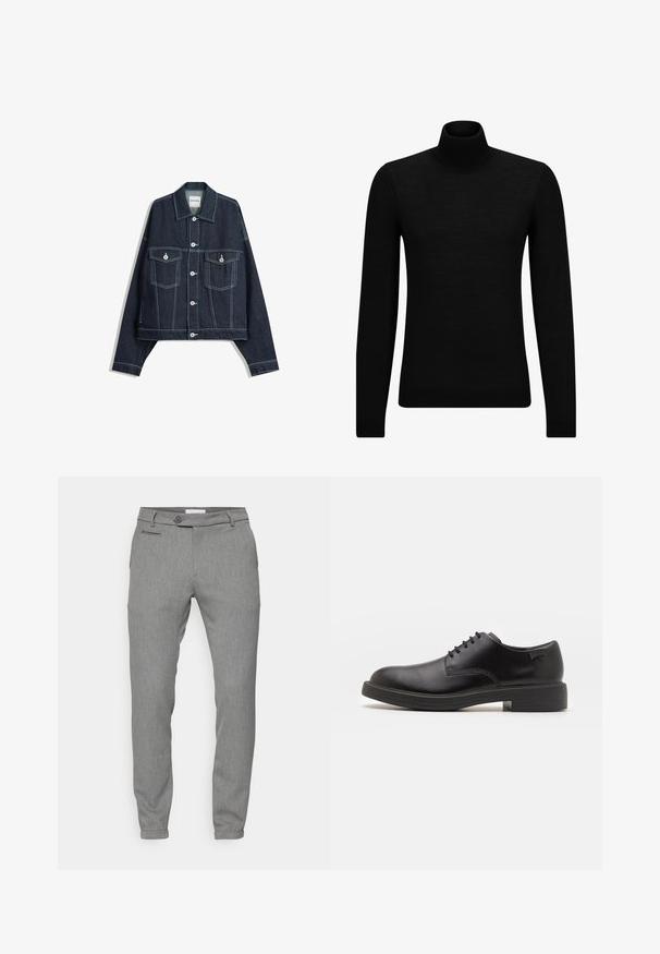 Donkerblauwe spijkerjas met witte contrasterende stiksels, sluiting met knopen aan de voorkant, twee klepborstzakken en lange mouwen.; Zwarte coltrui van zacht materiaal, met lange mouwen en een snug fit. Geribbelde afwerking aan de onderkant en mouwen. Eenvoudig ontwerp.; Grijze broek van een gestructureerde, geweven stof; slim fit; vijf-pocket ontwerp; knoopsluiting; taps toelopende enkels; subtiel patroon.; Zwarte leren veterschoen met een ronde neus, een gladde textuur, minimale stiksels en een lage rubberen hak. Logo op de hak.