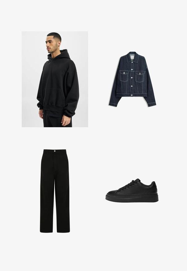 Mørkeblå denimjakke med hvid kontrastsyning, frontknaplukning, to klaplommer på brystet og lange ærmer.; DEF HERREN - Hættetrøje - black washed; Sorte brede benbukser lavet af bomuld. Har en frontknaplukning, to sidelommer og et afslappet pasform-design.; Sort sneakers lavet af glat læder, med rund tå, tyk platformssål og traditionelt snøring design med seks hulrum.