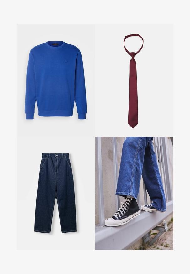 Donkerblauwe spijkerjas met witte contrasterende stiksels, sluiting met knopen aan de voorkant, twee klepborstzakken en lange mouwen.; Blauwe sweatshirts met een ronde halslijn, lange mouwen en geribbelde manchetten. Voorzien van een subtiele geborduurde logo op de borst. Gemaakt van een katoenmix.; Donkerblauwe, wijdvallende denim broeken met een hoge taille, voorzakken en zichtbare stiksels. De stof heeft een gladde, stevige textuur.; Zwarte hoge sneakers met witte zool en veters, gecombineerd met losse blauwe denim jeans, rustend op een grijze leuning.; Bordeaux satijnen stropdas met een gladde textuur, smalle breedte en spitse punt; voorzien van een lus voor eenvoudig dragen.