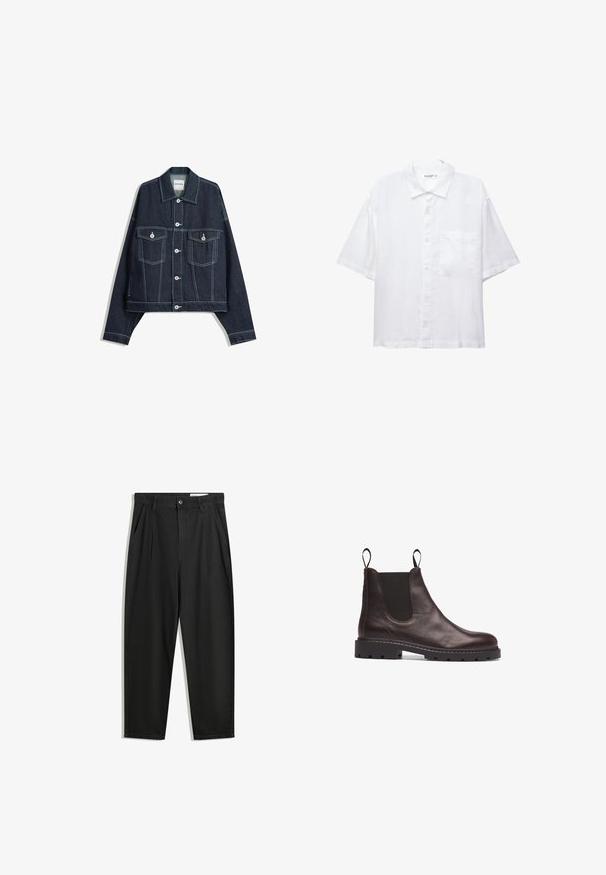 Tmavě modrá džínová bunda s bílým kontrastním prošitím, zapínání na knoflíky vpředu, dvě kapsy na hrudi s klopami a dlouhými rukávy.; Bílé krátké tričko s krátkým rukávem, zapínáním na knoflíky, límečkem a jednou náprsní kapsou. Vyrobeno z lehké látky s hladkou texturou.; Černé bavlněné kalhoty s uvolněným střihem, klasickým pasem, předními záhyby a bočními kapsami. Hladká textura bez vzorů.; Hnědé kožené Chelsea boty s elastickými bočními panely, strukturovaným povrchem a robustní černou gumovou podrážkou s výstupky pro lepší trakci.