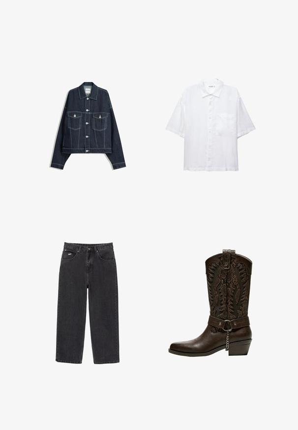 Granatowa kurtka dżinsowa z białymi kontrastowymi szwami, z przodem zapinanym na guziki, dwoma klapkowymi kieszeniami na piersiach i długimi rękawami.; Biała koszula z krótkim rękawem, z zapięciem na guziki z przodu, kołnierzykiem i jedną kieszenią na piersi. Wykonana z lekkiego materiału o gładkiej fakturze.; Czarne dżinsy prostego kroju z pięcioma kieszeniami i zapięciem na guzik, z małym białym logo na przedniej prawej kieszeni.; Bershka - Kowbojki i obuwie motocyklowe