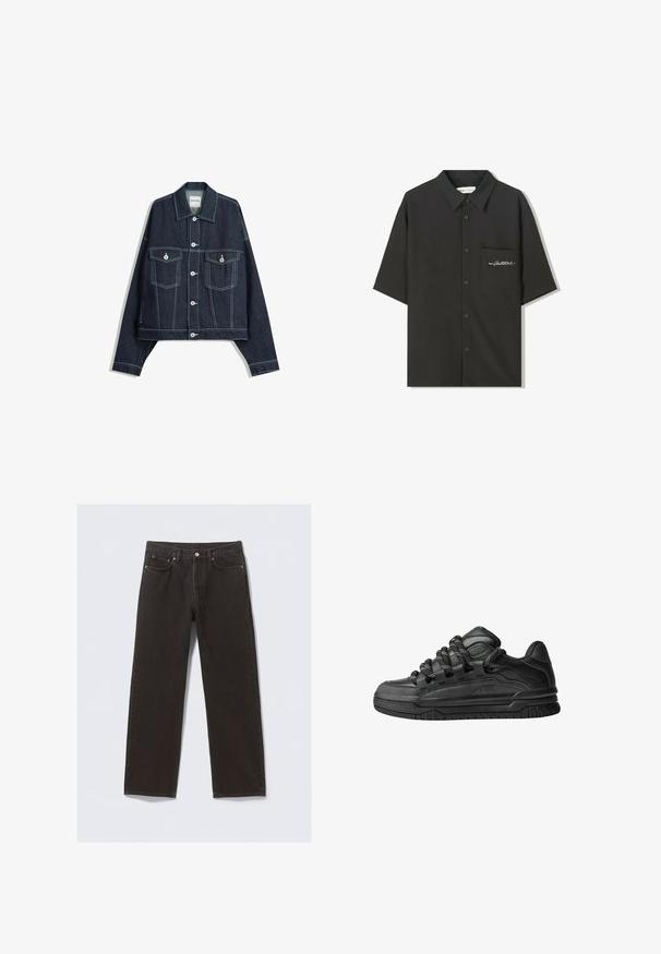 Sötétkék farmerdzseki fehér kontrasztvarrással, elöl gombos záródás, két hajtókás mellzseb és hosszú ujjú.; Rövid ujjú, sima anyagból készült fekete ing, gombos elülső résszel és bal oldali mellzsebbel, amelyen hímezett szöveg található.; Fekete farmernadrág egyenes szabással, öt zsebbel és rézszínű varratokkal. Simaszerű textúra, klasszikus gombos záródás a deréknál.; Fekete sportcipők sima bőrből készült felső résszel, struktúrált kiegészítőkkel, valamint kerek fekete és fehér fűzőkkel. Vastag gumitalp mintázott bordázattal.