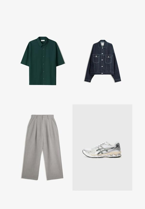 Sötétkék farmerdzseki fehér kontrasztvarrással, elöl gombos záródás, két hajtókás mellzseb és hosszú ujjú.; Rövid ujjú ing sötétzöld, texturált anyagból, gombos elejű és klasszikus gallérral. Egyszerű dizájn, nincsenek további minták vagy díszítések.; Fekete, rövid ujjú pólóing, bordázott textúrával, klasszikus gallérral és egyenes szegéllyel. Egyszerű és sokoldalú dizájn.; Világosszürke nadrág, egyenes szárú dizájnnal, két elülső plissé és oldalsó zsebek találhatók rajta, sima anyagból készült.; Fehér sportcipő ezüst és fekete díszítésekkel, hálós felsőrészel, texturált dizájnnal, párnázott talppal és rugalmas talpmintázattal.