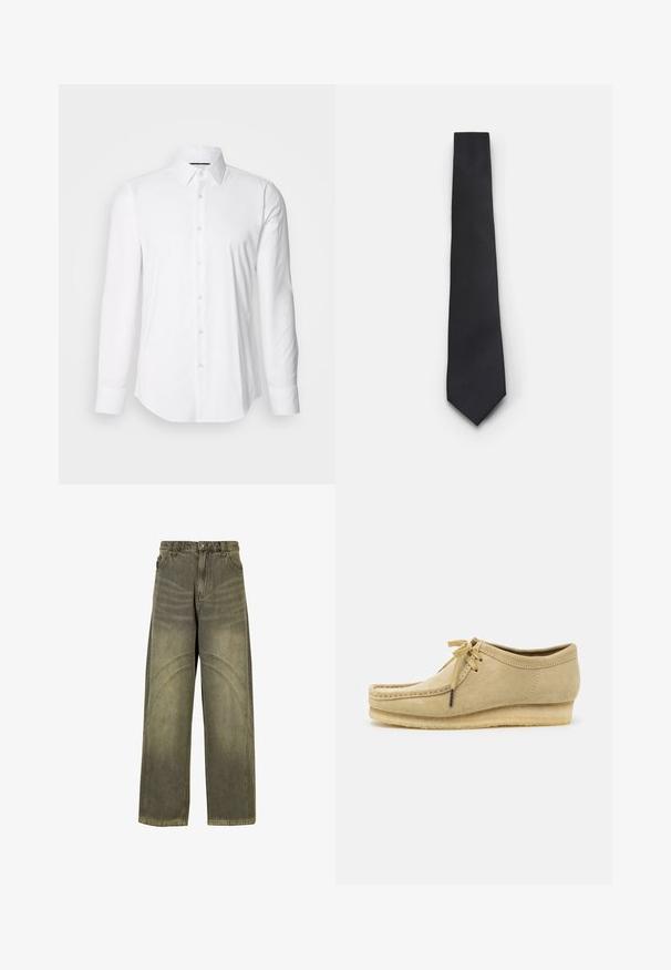Temno modra kavbojka z belimi kontrastnimi šivi, z zapiranjem na gumbe spredaj, dvema žepoma na prsih s poklopcem ter dolgimi rokavi.; Bela srajca z dolgimi rokavi, izdelana iz gladkega blaga, s klasičnim ovratnikom in obliko zapenjanja s gumbi, ki ima ukrivljen rob. Gumbi so rahlo sijajni.; Široke jeans hlače iz olivno zelene denima, s poudarjenimi šivi, klasičnim gumbom za zapiranje in izblečenim videzom.; Bež antilop čevlj za vezivanje, z vmesnimi šivi in gumijastim podplatom. Oblika je sproščena z rahlo višanjem pete.; Ozeka črna kravata z teksturiranim, diagonalnim žlebastim vzorcem. Ima koničast konec in gladko površino. Primerna za formalno nošenje.