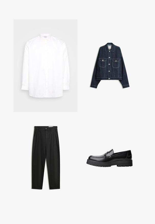 Veste en denim bleu foncé avec coutures blanches contrastées, fermeture à boutons sur le devant, deux poches à rabat sur la poitrine et manches longues.; Chemise blanche à manches longues et boutonnée, en coton. Présente un col pointu et six boutons sur le devant. Texture lisse, coupe régulière.; Pantalon en coton noir avec une coupe décontractée, dotés d'une taille classique, de plis à l'avant et de poches latérales. Texture lisse sans motifs.; Mocassin en cuir noir avec semelle épaisse à motifs et une sangle décorative sur le dessus, présenté en profil sur le côté gauche sur fond blanc.